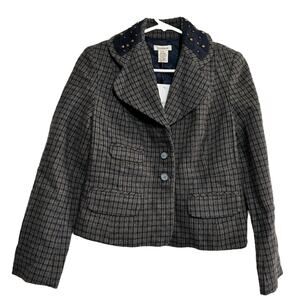 Sundance Tweed Riding Jacket Wool Studded Plaid Blazer Pockets Gray Blue P4 NWT